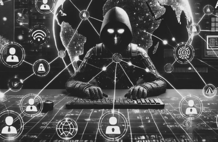 An illustration of a global cyber network with simplified glowing lines, a hacker in a glowing mask at the forefront, and a luminous Earth in the background, emphasizing AI-driven security risks.