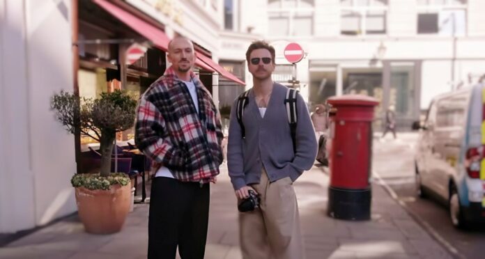 Two stylish men wearing Spring 2025 fashion in London; one with added glasses, the other with a beard; background softly blurred to highlight their outfits, enhanced using Pixel Pro and FaceApp for sharper focus and refined details.