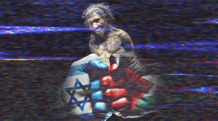 On a television screen filled with static noise, two clenched fists clash face-to-face — one wrapped in the Israeli flag, the other in the Palestinian flag. Behind them stands a Cro-Magnon–like figure with a malignant smile, looming as if watching over the confrontation.