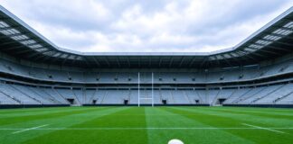 Empty Twickenham rugby stadium with a plain ball on the pitch and white goal posts, no people.