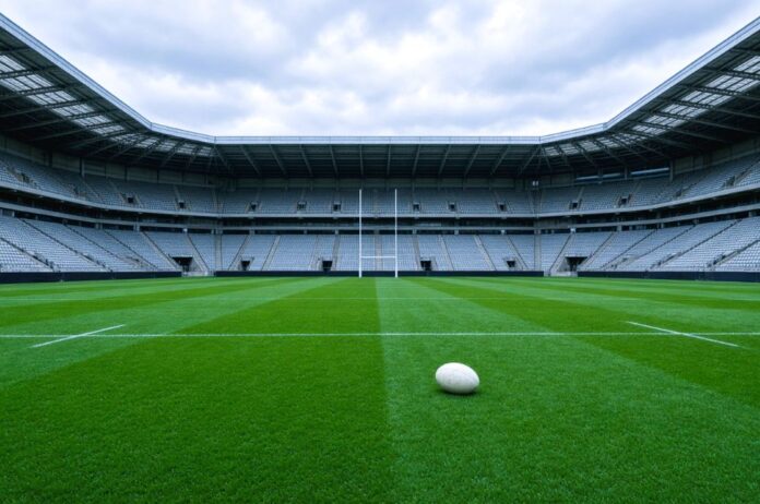 Empty Twickenham rugby stadium with a plain ball on the pitch and white goal posts, no people.